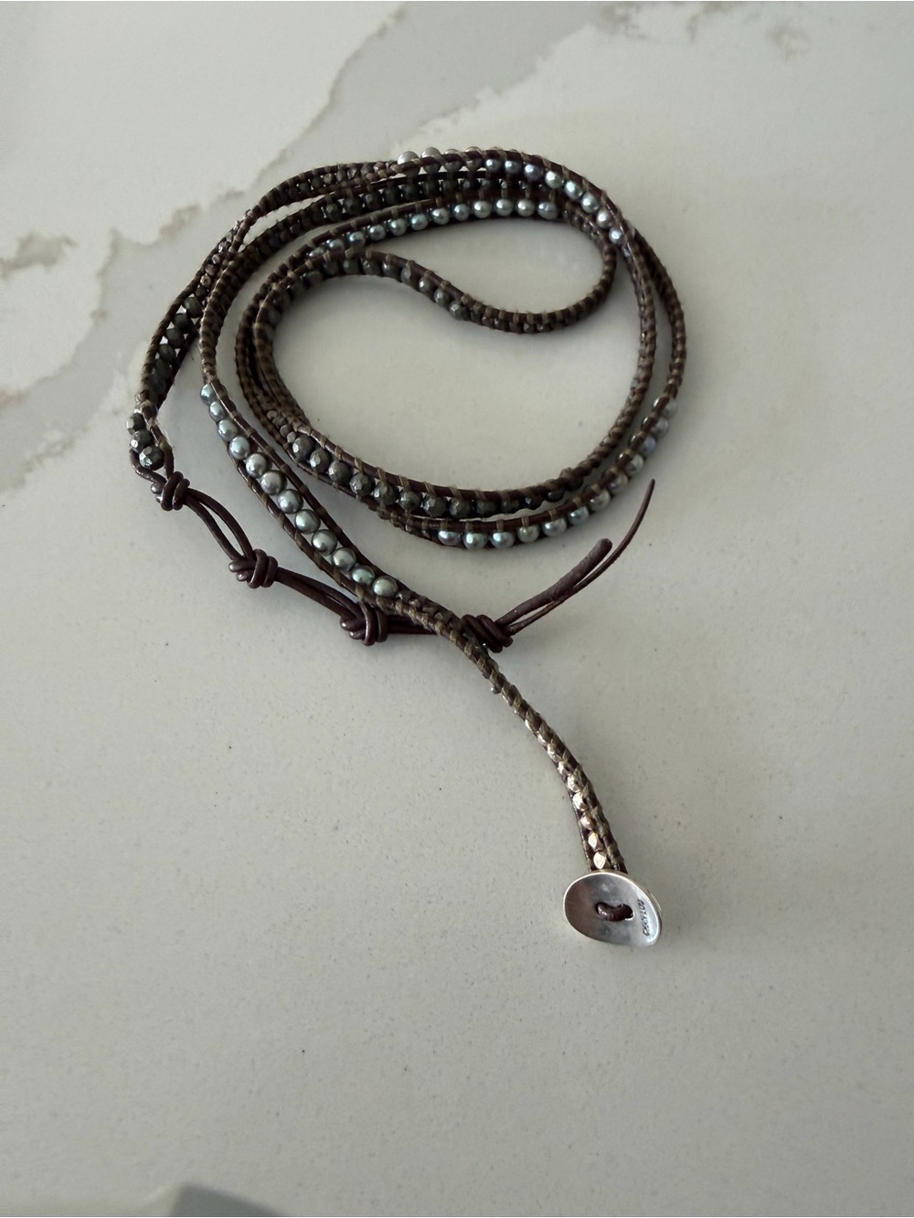 Chan Luu Brown Braided Leather Wrap with Blue Grey FWP & Faceted Pyrite 35” - Picture 7 of 13